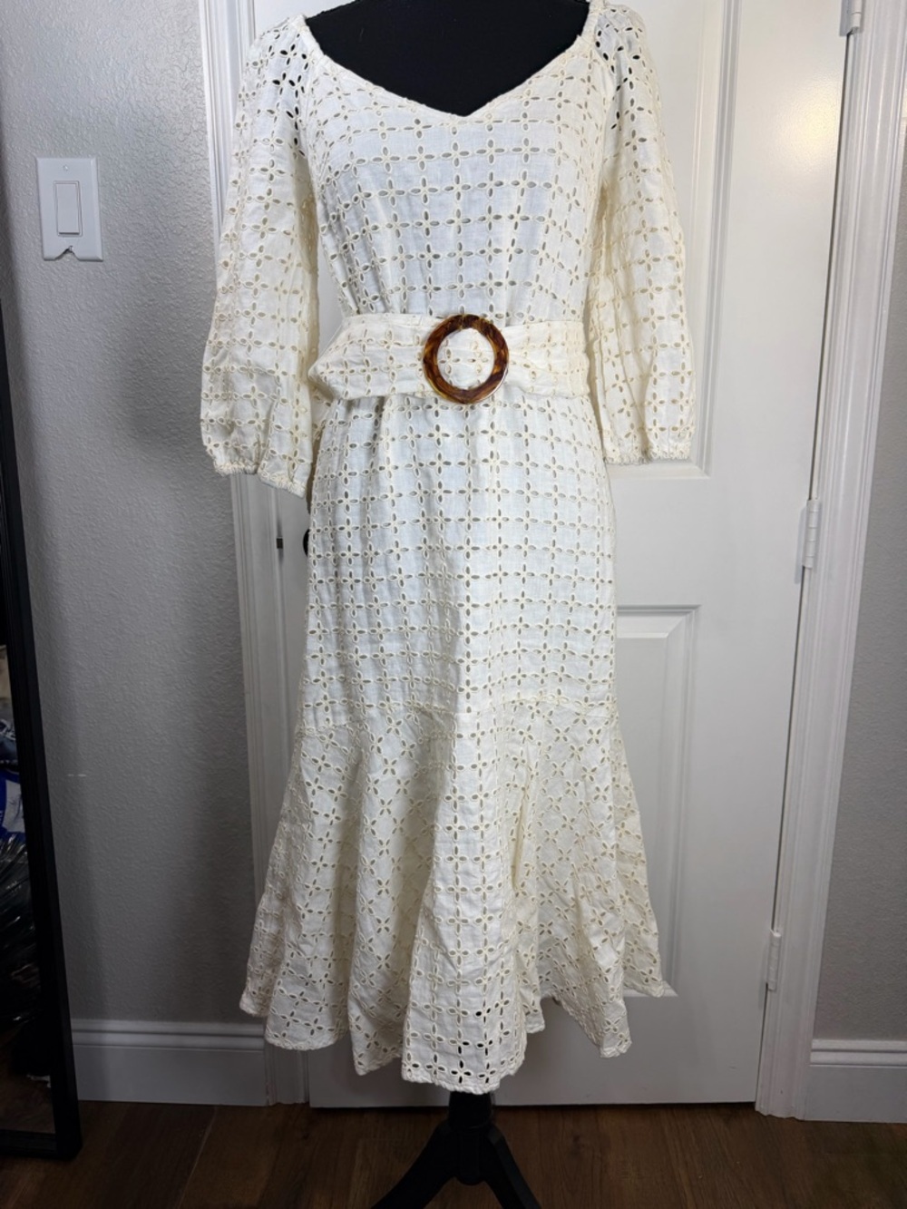 Maeve by Anthropologie White Eyelet Linen Belted Maxi Dress